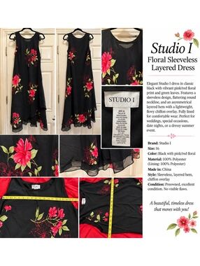 Studio I Black Pink Floral Chiffon Layered Maxi Dress Size 16